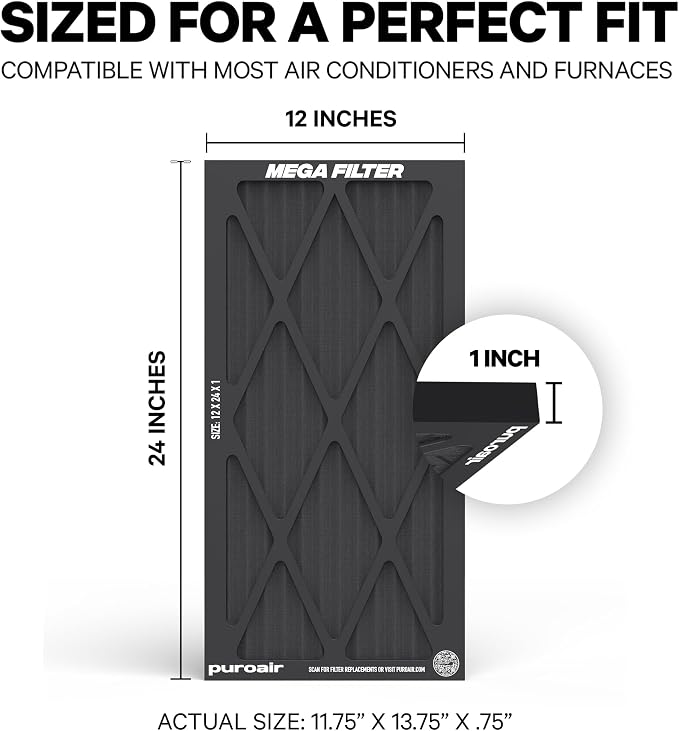 MegaFilter - 12x24x1 Air Filter MERV 13 Activated CarbonTech Defense - Heavy Duty 3 Layer Furnace Filters, alternate view 2
