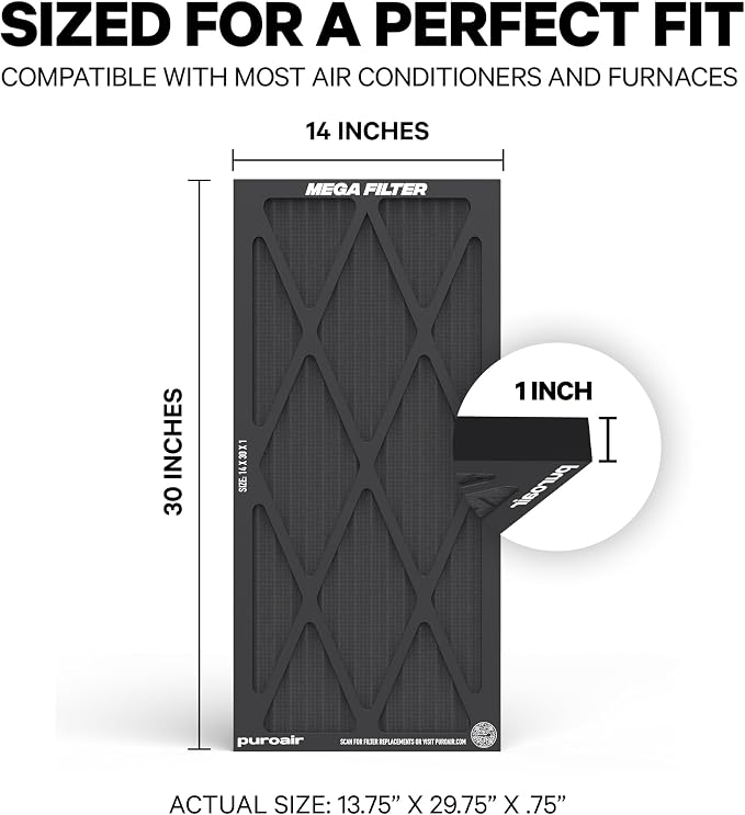 MegaFilter - 14x30x1 Air Filter MERV 13 Activated CarbonTech Defense - Heavy Duty 3 Layer Furnace Filters, alternate view 2