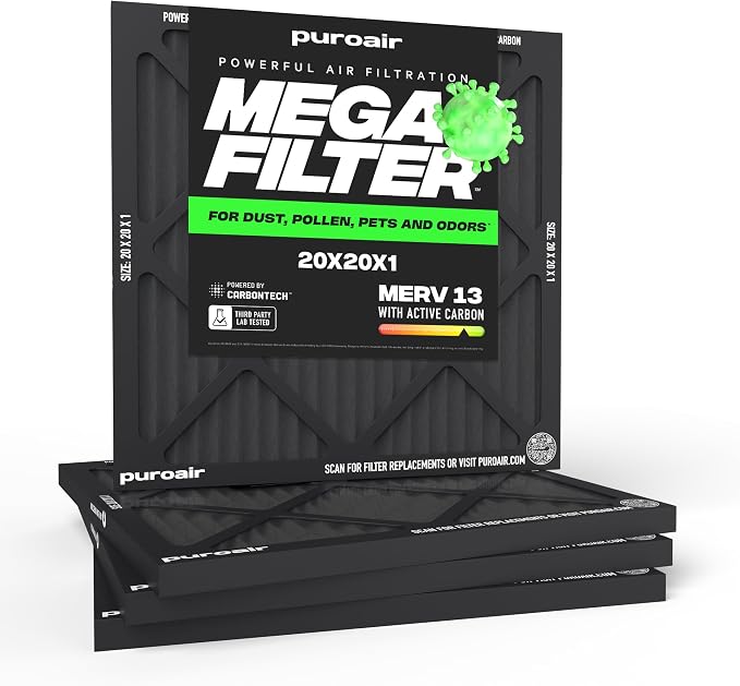 MegaFilter - 20x20x1 Air Filter MERV 13 Activated CarbonTech Defense - Heavy Duty 3 Layer Furnace Filters