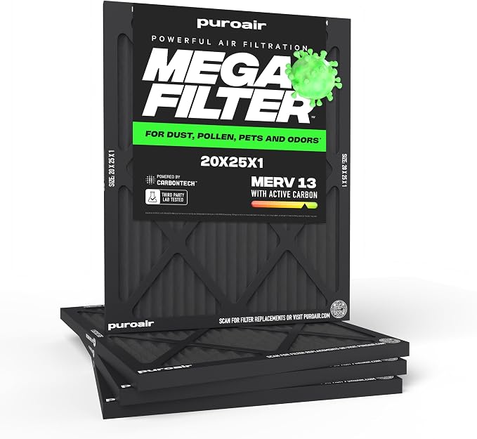 MegaFilter - 20x25x1 Air Filter MERV 13 Activated CarbonTech Defense - Heavy Duty 3 Layer Furnace Filters Allergens, Pollen