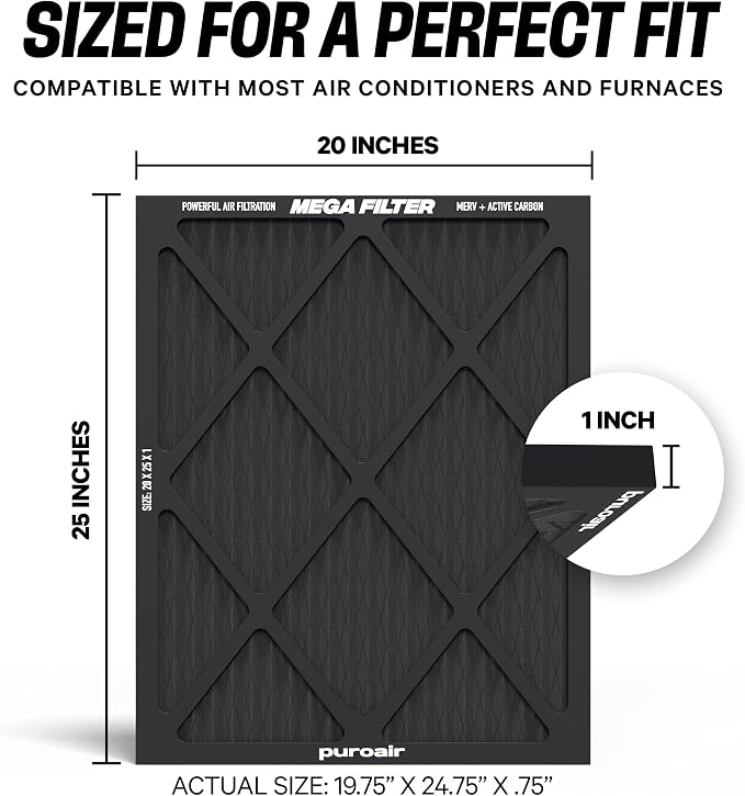 MegaFilter - 20x25x1 Air Filter MERV 13 Activated CarbonTech Defense - Heavy Duty 3 Layer Furnace Filters Allergens, Pollen