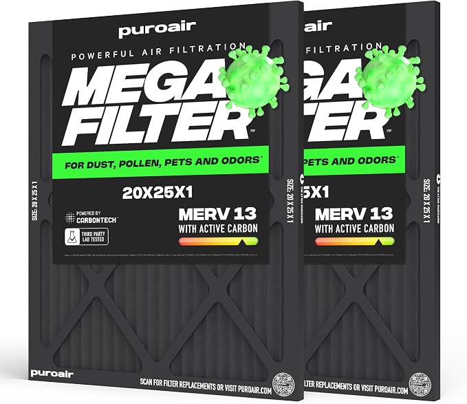 MegaFilter - 20x25x1 Air Filter MERV 13 Activated CarbonTech Defense - Heavy Duty 3 Layer Furnace Filters