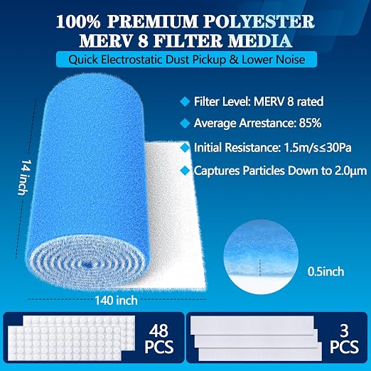 MERV 8 Air Vent Filters, 14" x 140"Cut to Fit Air Filter Material (80+ Filters),Electrostatic Triple Vent Filter for Floor