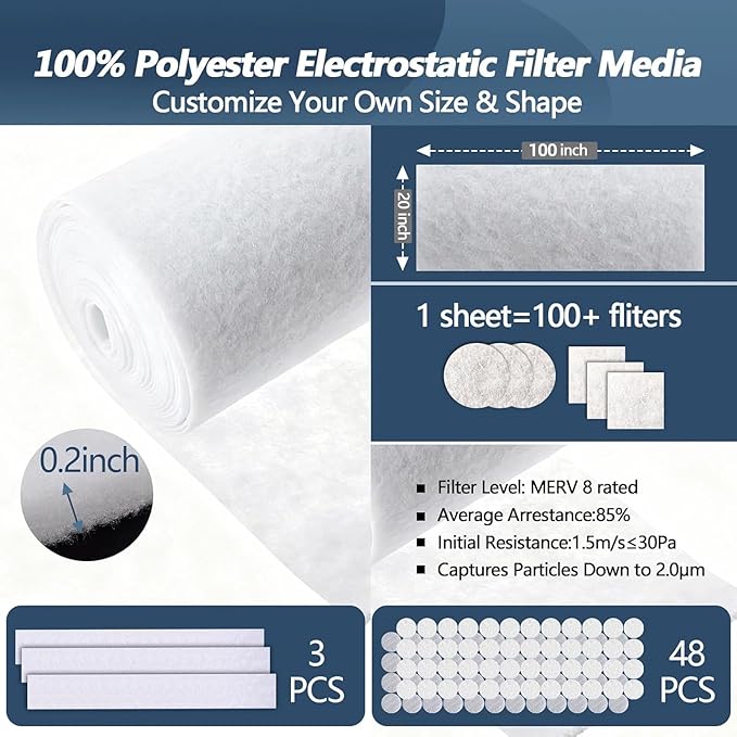 MERV 8 Air Vent Filters Kit 20x100 Inch|Cut to Fit (60+ Filters) Filter Material,High-Grade Electrostatic Filter Media with