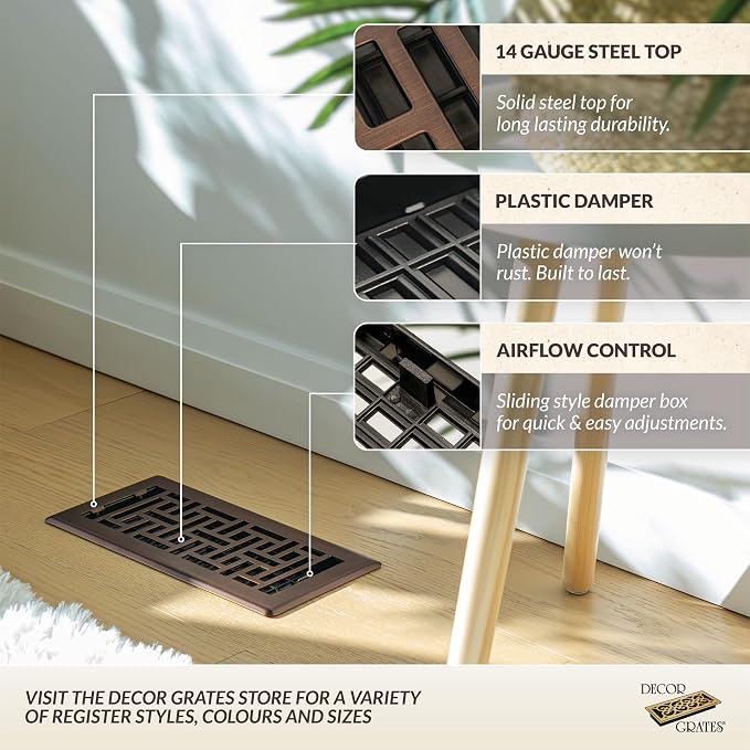 Metal Oriental Decorative Air Vent Cover 4x12 Floor Register – Adjustable Control Lever – AC Floor Vent Covers for Home Floor