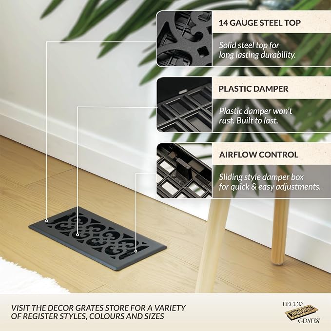 Metal Scroll Decorative Air Vent Cover 4x12 Floor Register – Adjustable Control Lever – AC Floor Vent Covers for Home Floor