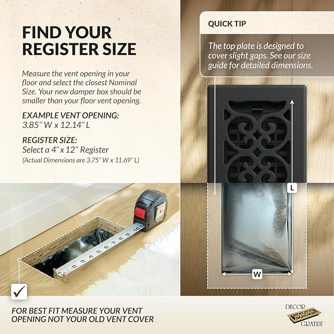 Metal Scroll Decorative Air Vent Cover 4x12 Floor Register – Adjustable Control Lever – AC Floor Vent Covers for Home Floor
