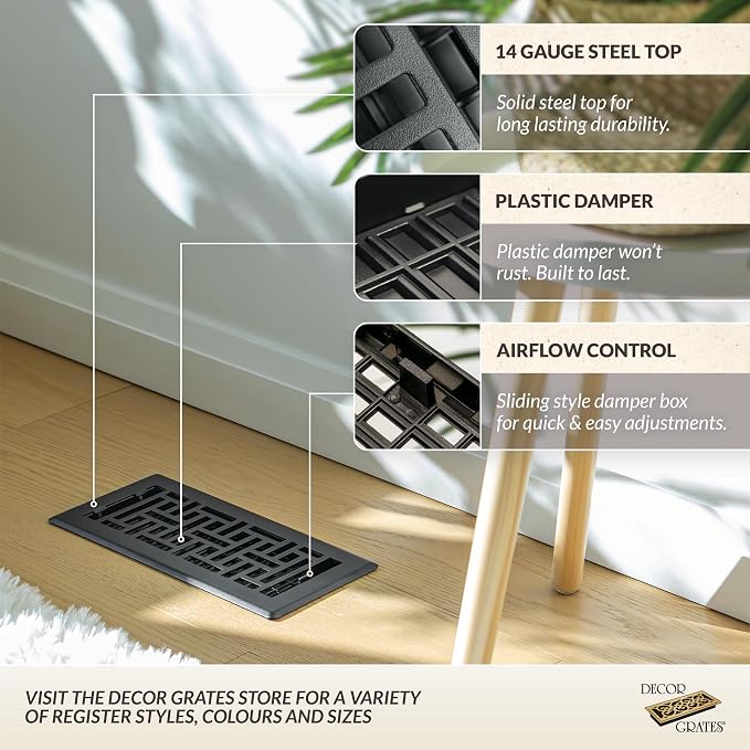 Metal Textured Decorative Air Vent Cover 3x10 Floor Register – Adjustable Control Lever – AC Floor Vent Covers for Home Floor