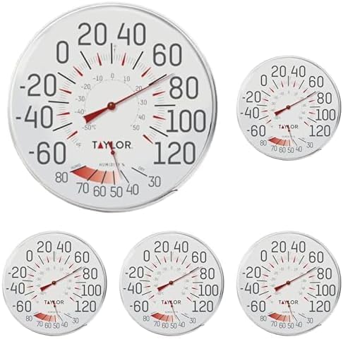 Metal Wall Indoor Outdoor Thermometer and Hygrometer, Easy to Read Numbers for Patio, Pool, and Indoor Areas, 12 inch, White