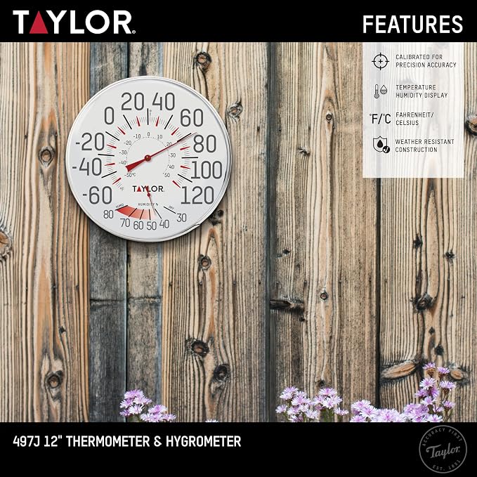 Metal Wall Indoor Outdoor Thermometer and Hygrometer, Easy to Read Numbers for Patio, Pool, and Indoor Areas, 12 inch, White
