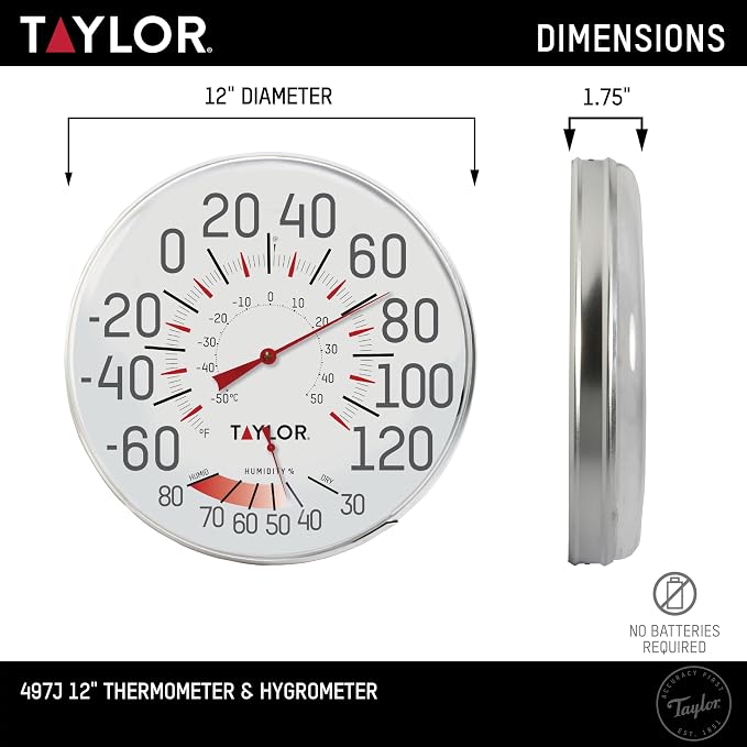 Metal Wall Indoor Outdoor Thermometer and Hygrometer, Easy to Read Numbers for Patio, Pool, and Indoor Areas, 12 inch, White