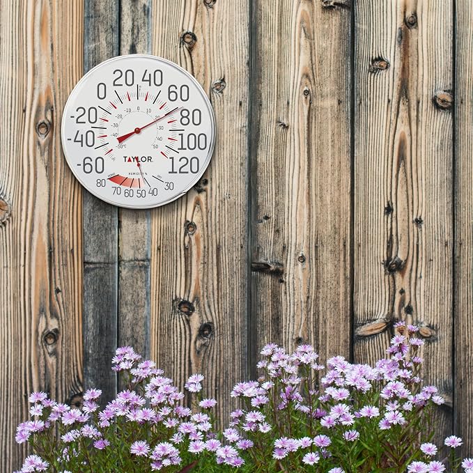 Metal Wall Indoor Outdoor Thermometer and Hygrometer, Easy to Read Numbers for Patio, Pool, and Indoor Areas, 12 inch, White
