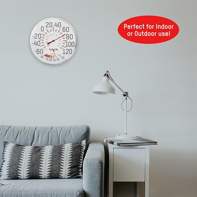 Metal Wall Indoor Outdoor Thermometer and Hygrometer, Easy to Read Numbers for Patio, Pool, and Indoor Areas, 12 inch, White