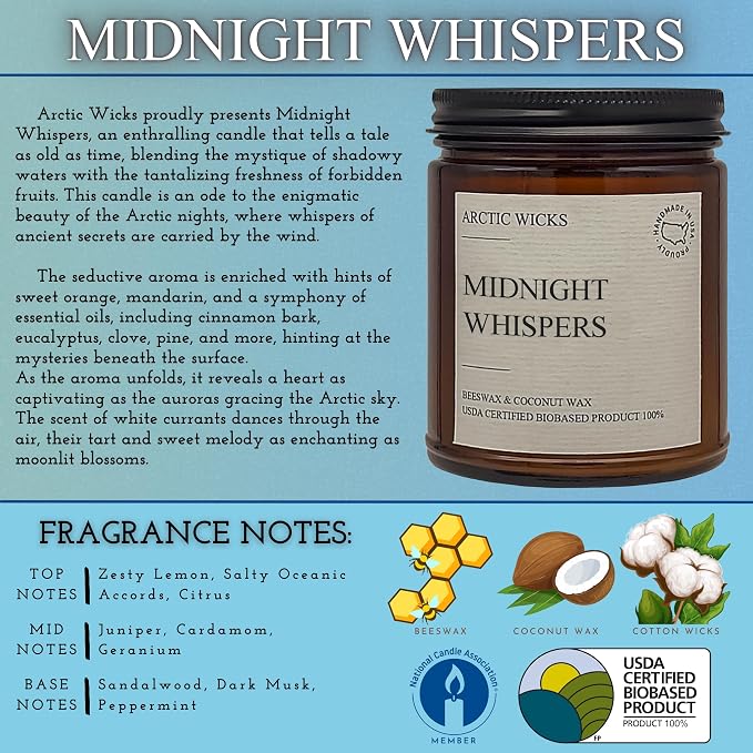 Midnight Whispers Scented Candle | 9oz Amber Jar | made from natural materials Coconut & Beeswax Candles |, alternate product