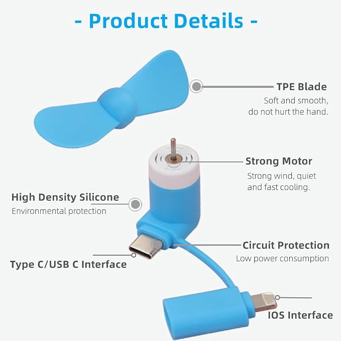 Mini 2-in-1 Cell Phone Fan for iPhone and Android Cellphones with Type C/USB C Port (4 Pack), alternate product view 3