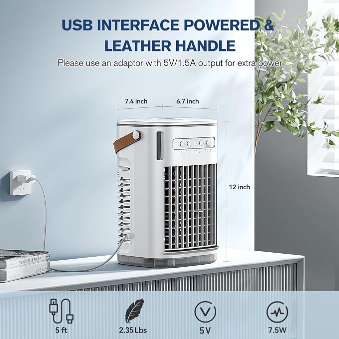Mini Air Conditioner For USB Charging, Portable Evaporative Air Cooler w/Remote, Water Tank & 2 Ice Packs & 2 Sprays, 7H