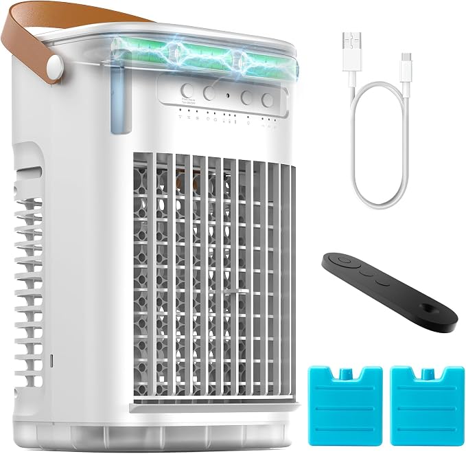 Mini Air Conditioner, Rechargeable Built-in Battery, Portable Evaporative Air Cooler w/Remote, 7H Auto-off, Water Tank & 2