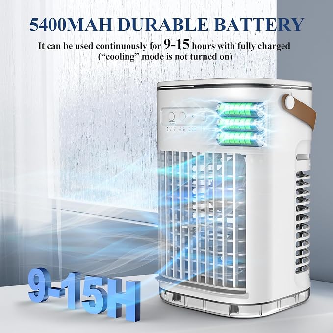 Mini Air Conditioner, Rechargeable Built-in Battery, Portable Evaporative Air Cooler w/Remote, 7H Auto-off, Water Tank & 2