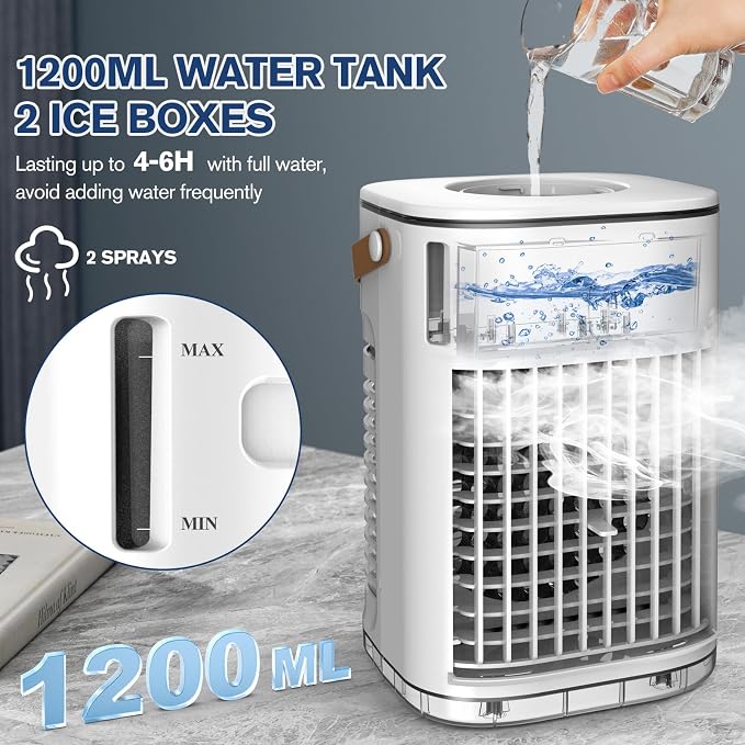 Mini Air Conditioner, Rechargeable Built-in Battery, Portable Evaporative Air Cooler w/Remote, 7H Auto-off, Water Tank & 2