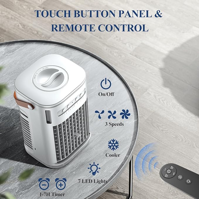 Mini Air Conditioner, Rechargeable Built-in Battery, Portable Evaporative Air Cooler w/Remote, 7H Auto-off, Water Tank & 2