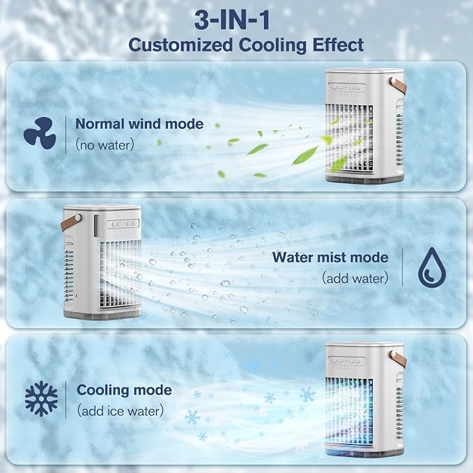 Mini Air Conditioner, Rechargeable Built-in Battery, Portable Evaporative Air Cooler w/Remote, 7H Auto-off, Water Tank & 2