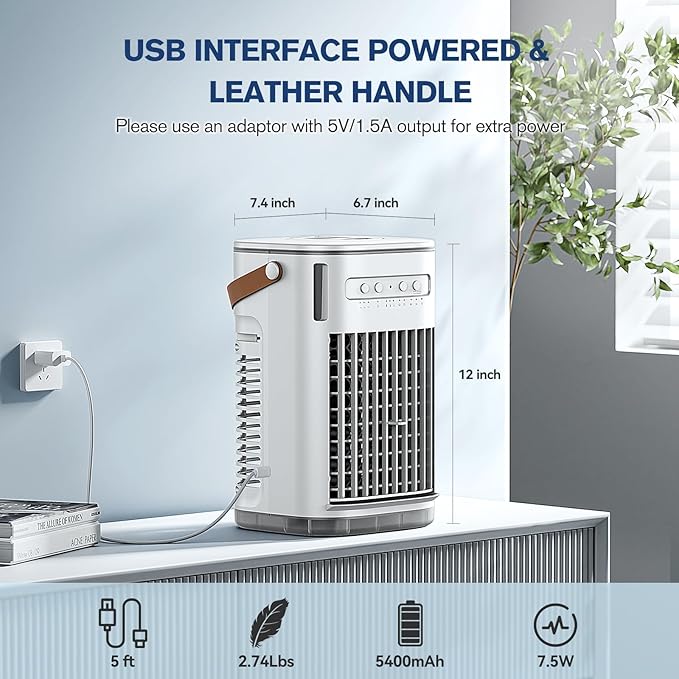 Mini Air Conditioner, Rechargeable Built-in Battery, Portable Evaporative Air Cooler w/Remote, 7H Auto-off, Water Tank & 2