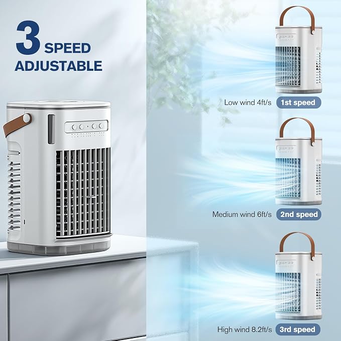 Mini Air Conditioner, Rechargeable Built-in Battery, Portable Evaporative Air Cooler w/Remote, 7H Auto-off, Water Tank & 2