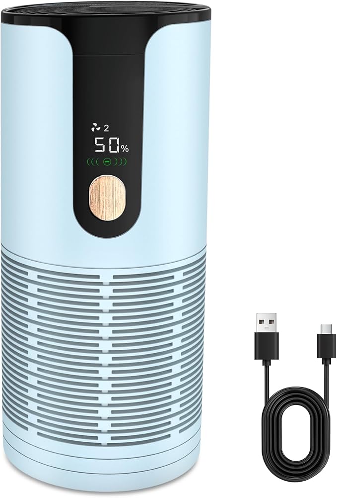 Mini Car Air Purifier-Cordless True HEPA Portable Small Air Purifier, LCD Display&15dB Quiet,Filters 99.97% of