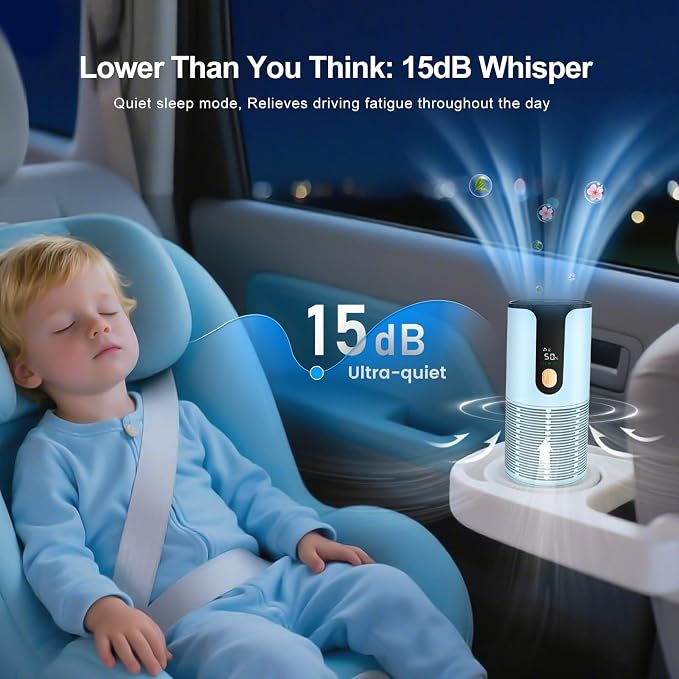 Mini Car Air Purifier-Cordless True HEPA Portable Small Air Purifier, LCD Display&15dB Quiet,Filters 99.97% of