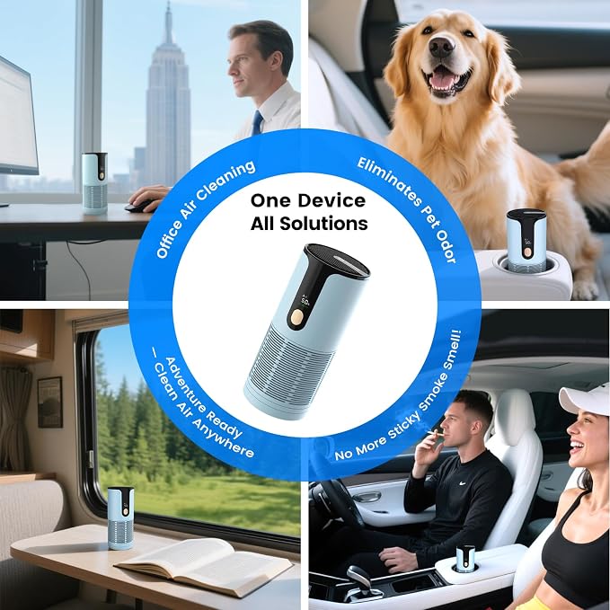 Mini Car Air Purifier-Cordless True HEPA Portable Small Air Purifier, LCD Display&15dB Quiet,Filters 99.97% of