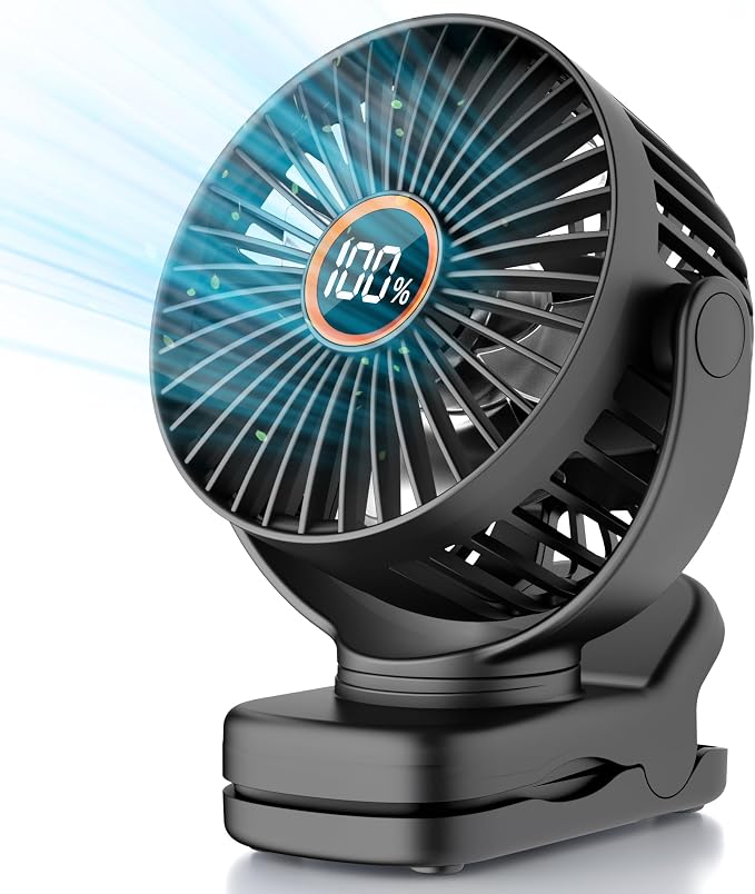 Mini Clip on Fan, Battery Operated Desk Fan, Digital display,3 Speeds Adjustable, Bidirectional 360 ° Adjustable, Super