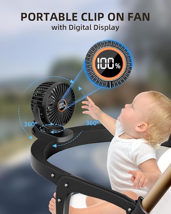 Mini Clip on Fan, Battery Operated Desk Fan, Digital display,3 Speeds Adjustable, Bidirectional 360 ° Adjustable, Super