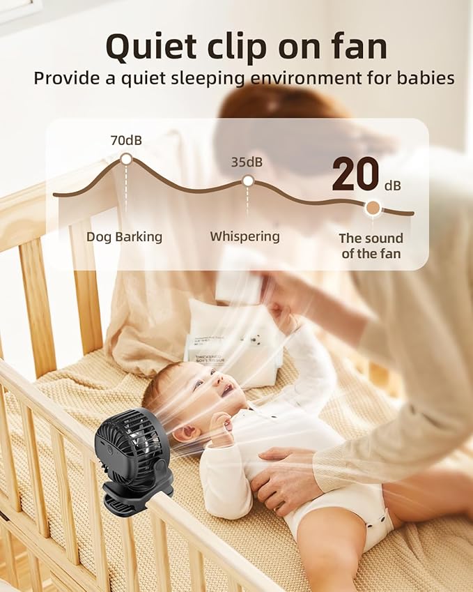 Mini Clip on Fan, Battery Operated Desk Fan, Digital display,3 Speeds Adjustable, Bidirectional 360 ° Adjustable, Super