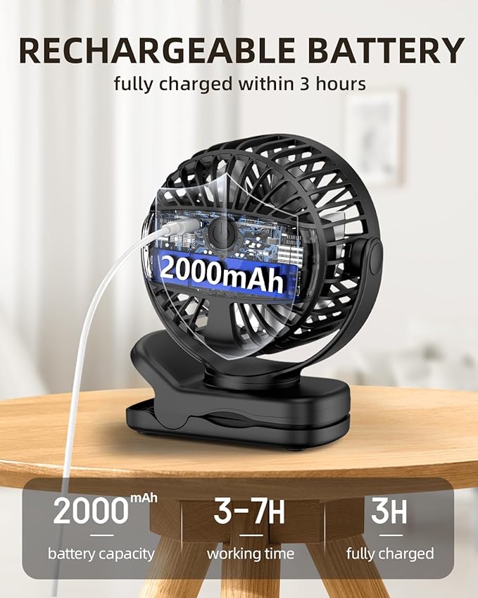 Mini Clip on Fan, Battery Operated Desk Fan, Digital display,3 Speeds Adjustable, Bidirectional 360 ° Adjustable, Super