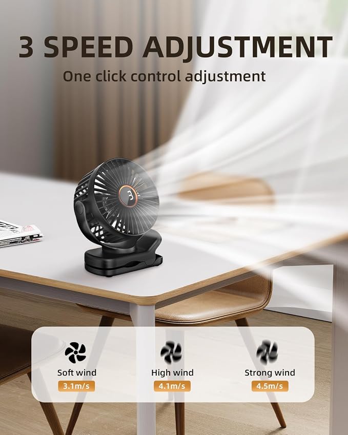 Mini Clip on Fan, Battery Operated Desk Fan, Digital display,3 Speeds Adjustable, Bidirectional 360 ° Adjustable, Super
