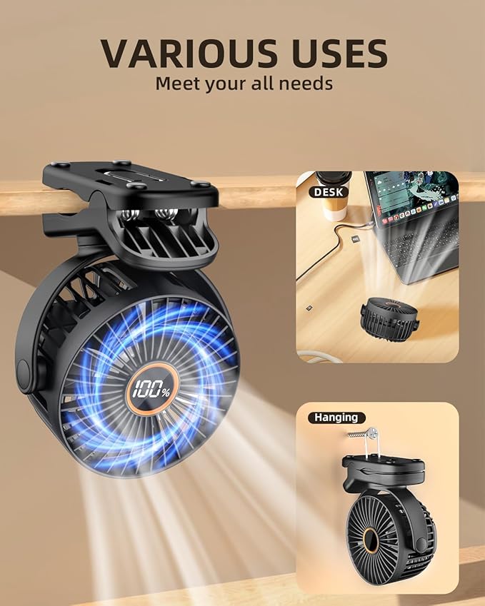 Mini Clip on Fan, Battery Operated Desk Fan, Digital display,3 Speeds Adjustable, Bidirectional 360 ° Adjustable, Super