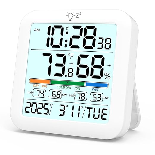 Mini Digital Indoor Thermometer Hygrometer Clock, Room Temperature Humidity Monitor with Calibration, Backlight, product