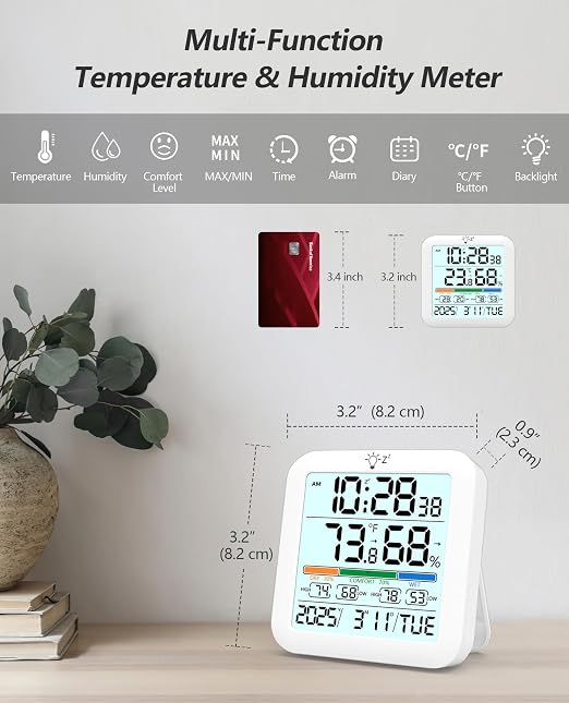 Mini Digital Indoor Thermometer Hygrometer Clock, Room Temperature Humidity Monitor with Calibration, Backlight, alternate
