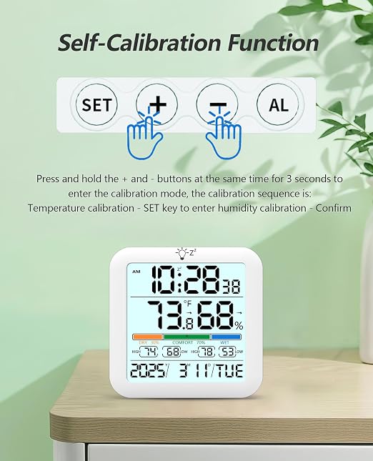 Mini Digital Indoor Thermometer Hygrometer Clock, Room Temperature Humidity Monitor with Calibration, Backlight, alternate