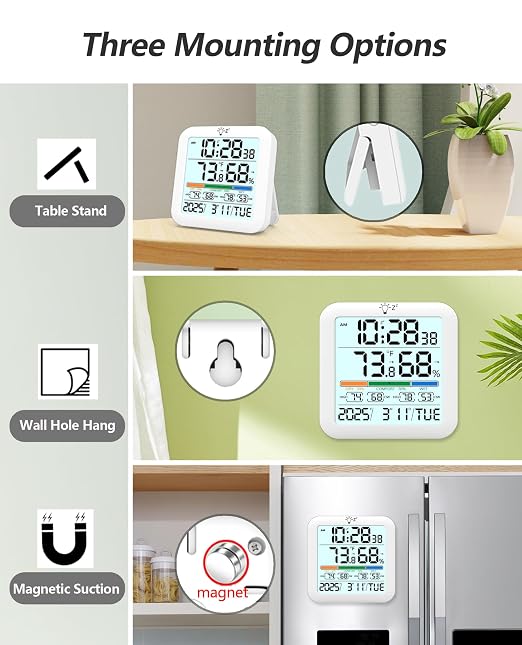 Mini Digital Indoor Thermometer Hygrometer Clock, Room Temperature Humidity Monitor with Calibration, Backlight, alternate