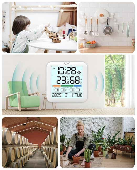 Mini Digital Indoor Thermometer Hygrometer Clock, Room Temperature Humidity Monitor with Calibration, Backlight, alternate