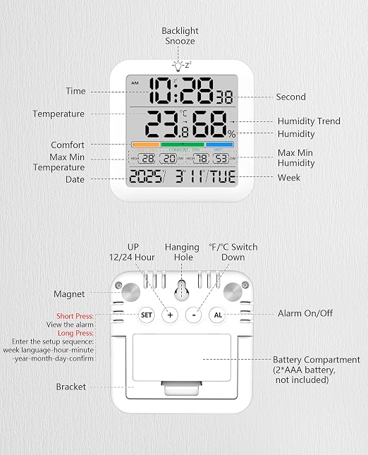 Mini Digital Indoor Thermometer Hygrometer Clock, Room Temperature Humidity Monitor with Calibration, Backlight, alternate