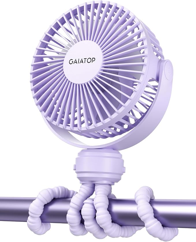 Mini Electric Fan with 360 Rotation, 5.5mm Gaps, Rechargeable Battery, 3 Speeds, Purple in purple.