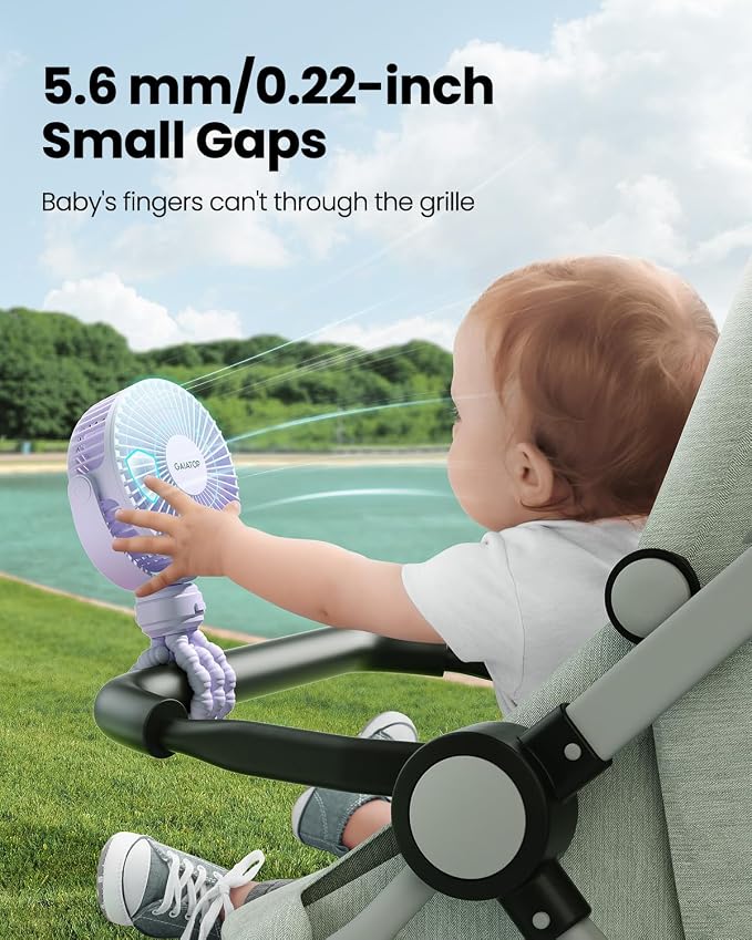 Mini Electric Fan with 360 Rotation, 5.5mm Gaps, Rechargeable Battery, 3 Speeds, Purple in purple., alternate view 2