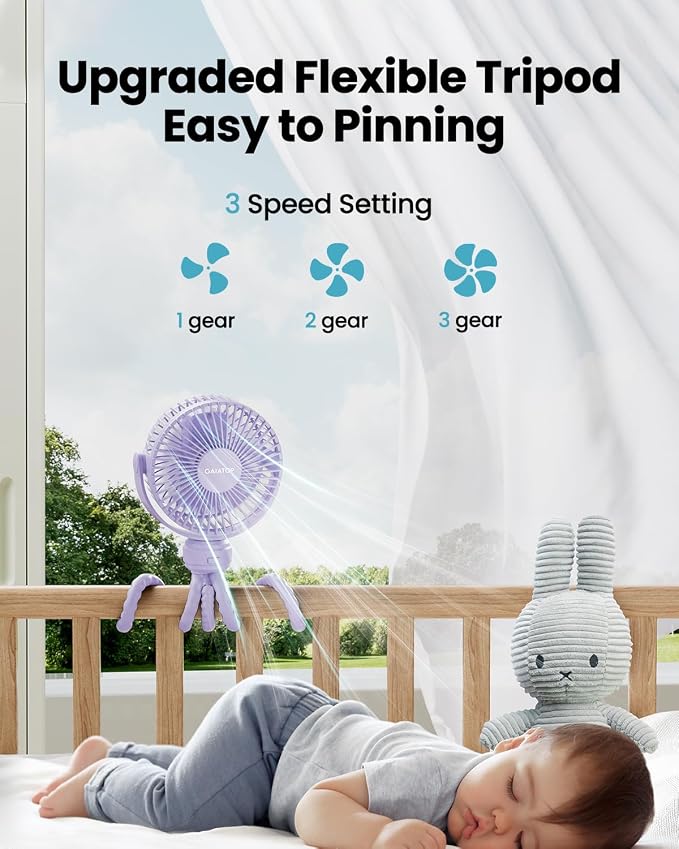 Mini Electric Fan with 360 Rotation, 5.5mm Gaps, Rechargeable Battery, 3 Speeds, Purple in purple., alternate view 3