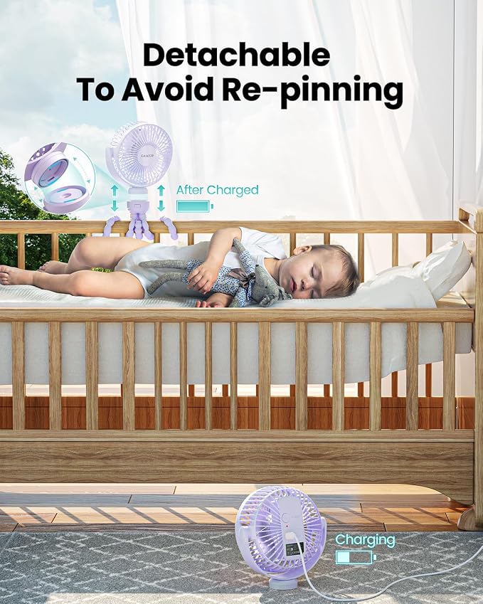 Mini Electric Fan with 360 Rotation, 5.5mm Gaps, Rechargeable Battery, 3 Speeds, Purple in purple., alternate view 4
