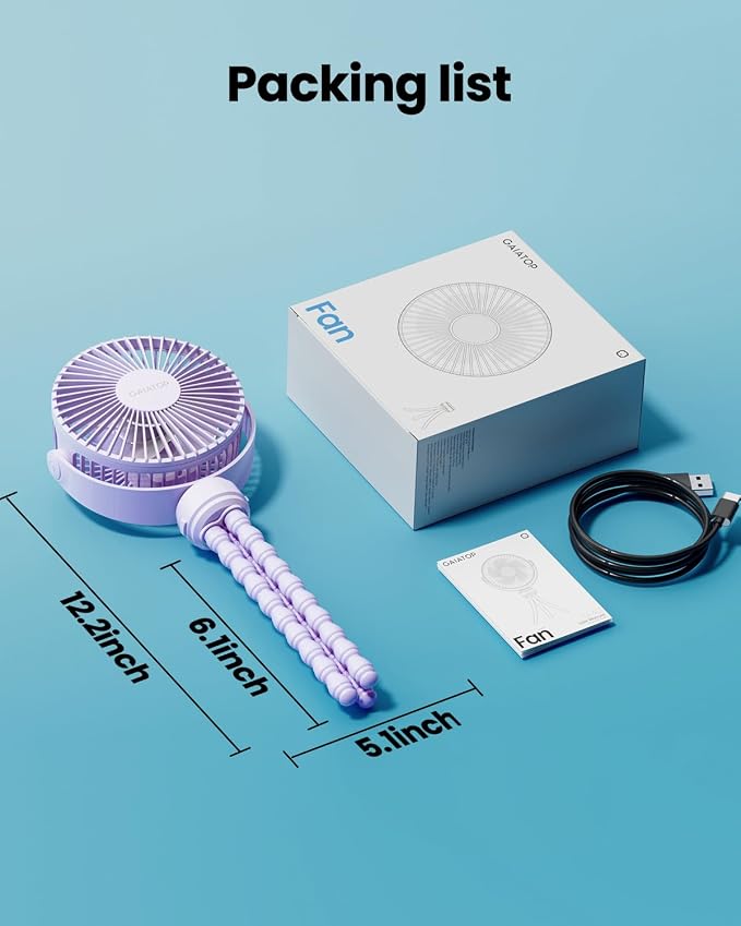 Mini Electric Fan with 360 Rotation, 5.5mm Gaps, Rechargeable Battery, 3 Speeds, Purple in purple., alternate view 7