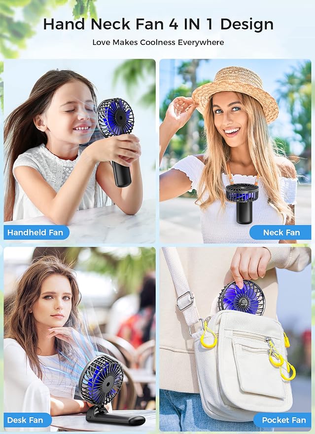 Mini Handheld Fan, Portable Rechargeable Fans, Quiet 4 Speed, 2in1 Battery Operated USB Desk Fan, Small Folding Stand