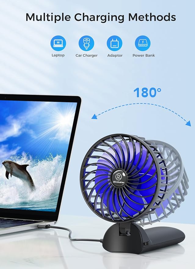 Mini Handheld Fan, Portable Rechargeable Fans, Quiet 4 Speed, 2in1 Battery Operated USB Desk Fan, Small Folding Stand