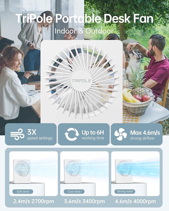 Mini Portable Desk Fan Rechargeable Ultra Quiet Small Fan 4.5 Inch Personal Travel Fan with 180° Tilt Folding and 3 Speeds
